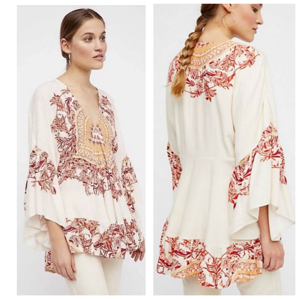 Free People Sunset Dreams Printed Tunic Size XS Ruffle Sleeve Bohemian Relaxed